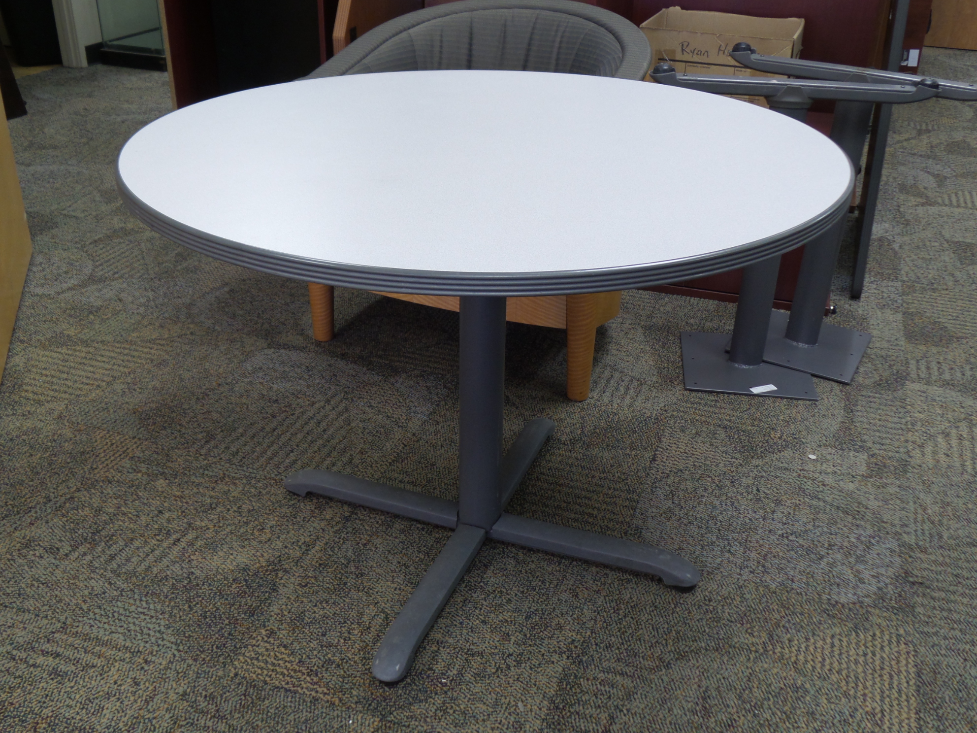Haworth 42 in. Round Grey Laminate Meeting Table w Rubber Trim